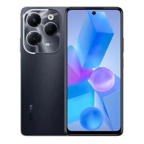 Infinix Hot 40 smartphone in starlit black showing front and back on a white background.