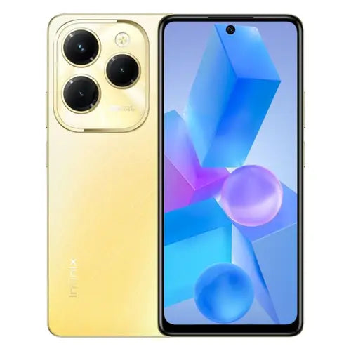 Infinix Hot 40 Pro smartphone in horizon gold color with a visible camera module on the back and a notch on the screen.