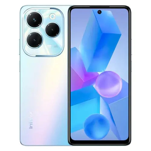 Infinix Hot 40 Pro smartphone in palm blue color with a visible camera module on the back and a notch on the screen.