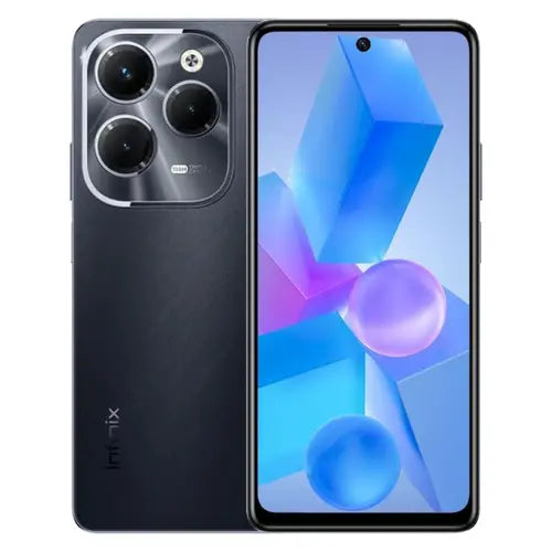 Infinix Hot 40 Pro smartphone in black color with a visible camera module on the back and a notch on the screen.