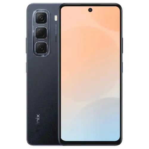 Infinix Hot 50 in sleek black color smartphone with a dual camera on the back and a single punch-hole camera on the front, with a green-to-orange gradient color.