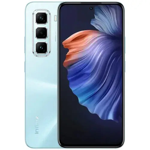 A Infinix Hot 50 Pro smartphone in glacier blue color, showing the front screen and the back camera and brand logo.