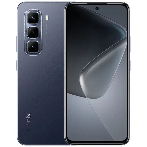 A Infinix Hot 50 Pro smartphone in sleek black color, showing the front screen and the back camera and brand logo.
