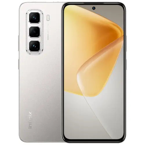 A Infinix Hot 50 Pro smartphone in titanium grey color, showing the front screen and the back camera and brand logo.