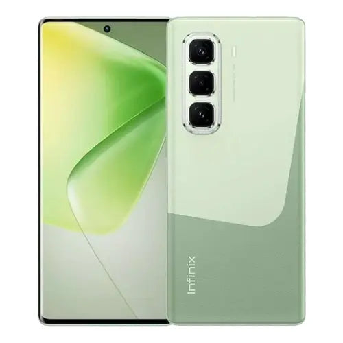 A Infinix Hot 50 Pro Plus smartphone in aurora green color, showing the front screen and the back camera setup.