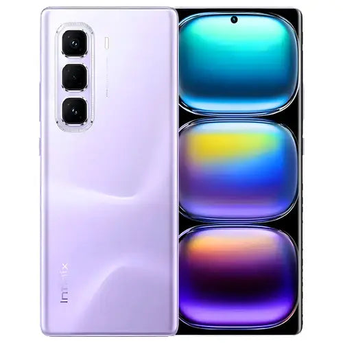 A Infinix Hot 50 Pro Plus smartphone in dreamy purple color, showing the front screen and the back camera setup.