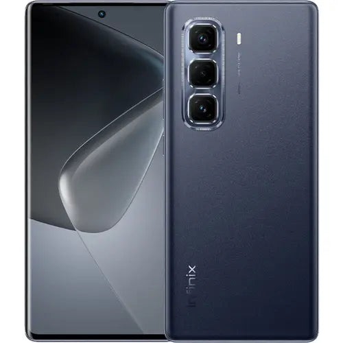 A Infinix Hot 50 Pro Plus smartphone in sleek black color, showing the front screen and the back camera setup.