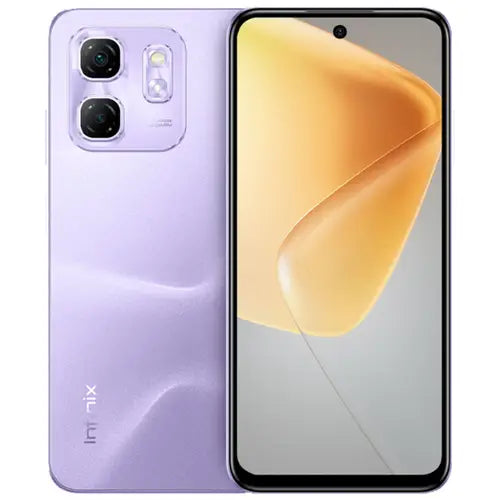 Infinix Hot 50i smartphone in dreamy purple color, showing the front screen and back camera and brand logo.