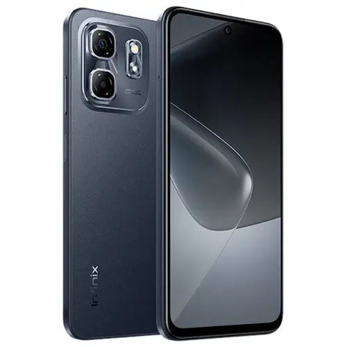 Infinix Hot 50i smartphone in sleek black color, showing the front screen and back camera and brand logo.