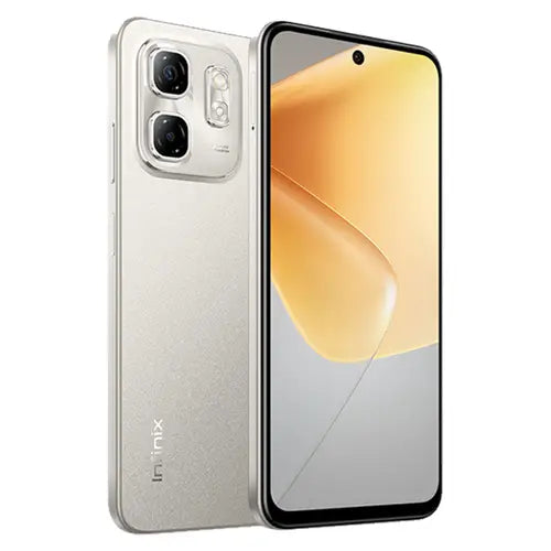 Infinix Hot 50i smartphone in titanium grey color, showing the front screen and back camera and brand logo.