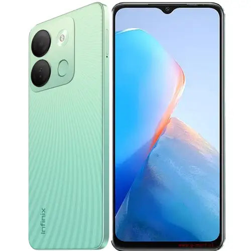 Infinix Smart 7 HD mobile phone in green color with dual rear cameras and a water droplet display notch.