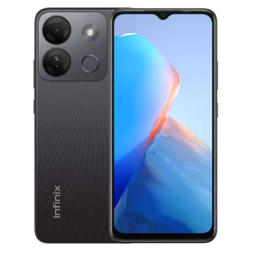 Infinix Smart 7 smartphone in polar black color with black back and colorful display on a white background.