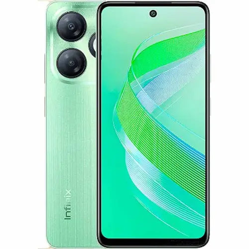 Infinix Smart 8 mobile phone in green color with dual rear cameras and a display screen.