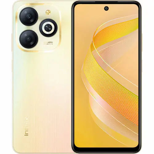 Infinix Smart 8 mobile phone in shiny gold color with dual rear cameras and a display screen.
