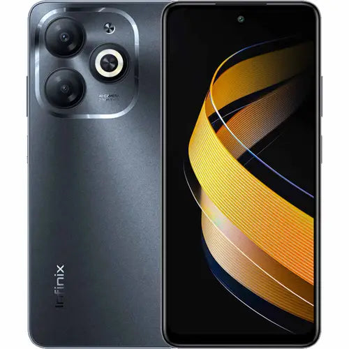 Infinix Smart 8 mobile phone in timber black color with dual rear cameras and a display screen.