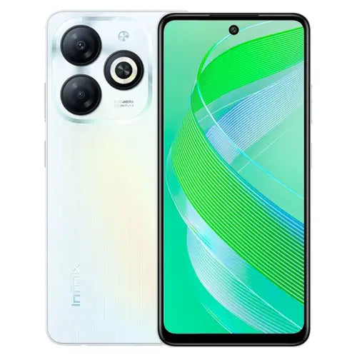 Infinix Smart 8 Plus smartphone in galaxy white color with a visible triple-camera system on the back and a display screen.