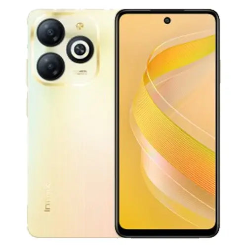 Infinix Smart 8 Plus smartphone in gold color with a visible triple-camera system on the back and a display screen.