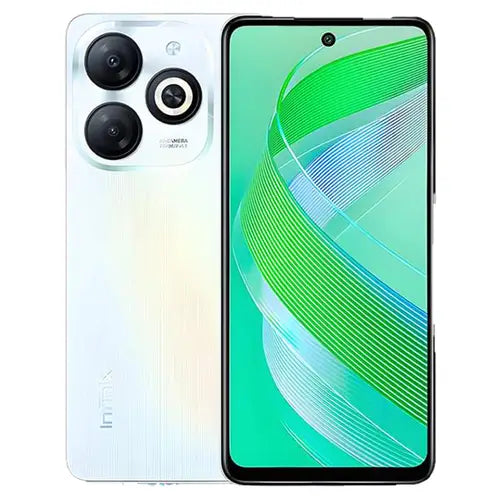 Infinix Smart 8 Pro smartphone in white color with a water droplet on the screen and a triple-camera module on the back.