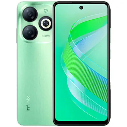 Infinix Smart 8 Pro smartphone in green color with a water droplet on the screen and a triple-camera module on the back.