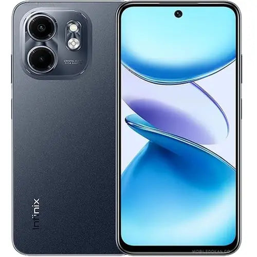 Infinix Smart 9 HD mobile phone shown from the front with the display on, revealing a black color body and a camera module with multiple lenses on the back.