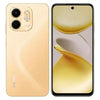 Infinix Smart 9 HD mobile phone shown from the front with the display on, revealing a coral gold color body and a camera module with multiple lenses on the back.