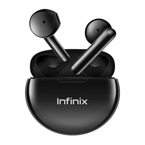 Infinix XE20 Wireless Earbuds in white color, with a charging case.