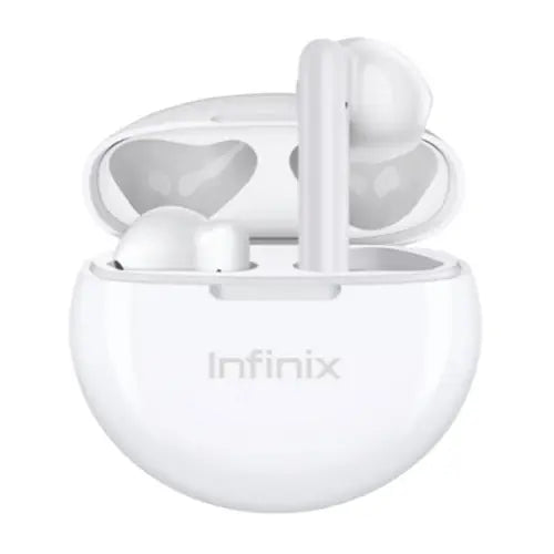 Infinix XE20 Wireless Earbuds in white color, with a charging case.