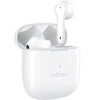 A pair of Infinix XE22 Wireless Earbuds in white color, with the earbud case open and one earbud partially inserted into the case.