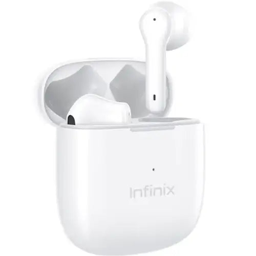 A pair of Infinix XE22 Wireless Earbuds in white color, with the earbud case open and one earbud partially inserted into the case.