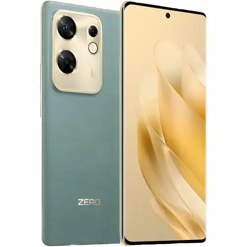 A misty green color Infinix Zero 30 4G mobile phone showing the front screen and rear camera setup.