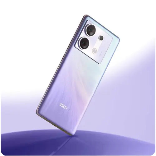 Infinix Zero 30 5G smartphone in fantasy purple gradient finish with premium look and dual rear cameras.