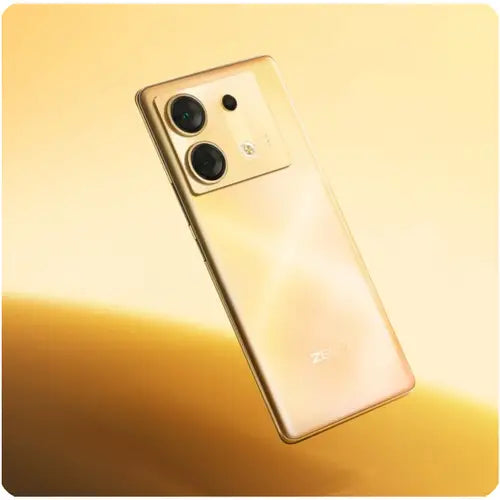 Infinix Zero 30 5G smartphone in golden hour color with stylish design and dual rear cameras.