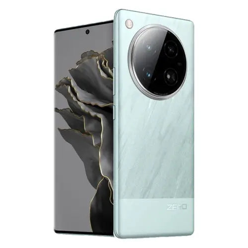 A misty aqua color Infinix Zero 40 4G smartphone showing the front and back view, with a prominent camera module on the back.