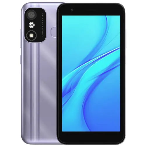 An Itel A27 mobile phone in silver color with a clear display and dual cameras on the back.