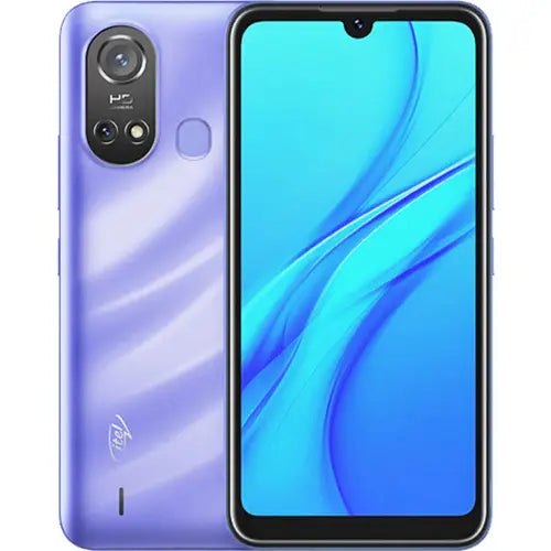 An Itel A49 Play mobile phone in purple color with a clear display and dual camera on the back.