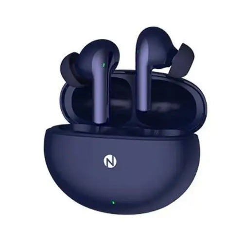 A pair of Itel BudsAce ANC Wireless Earbudsin dark blue color, with a charging case.