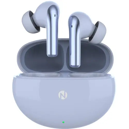A pair of Itel BudsAce ANC Wireless Earbuds in light blue color, with a charging case in light gray color.