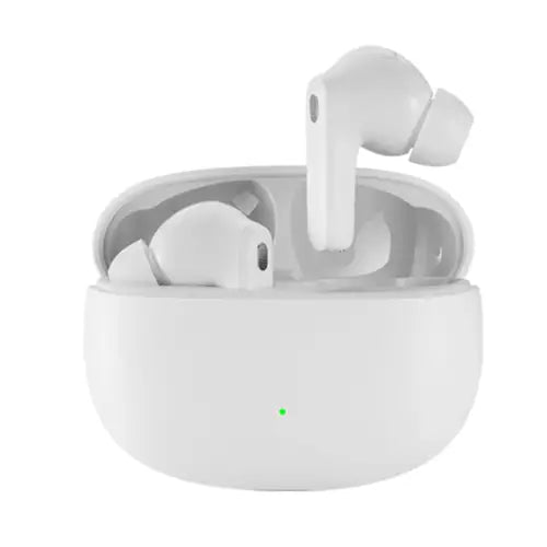 A pair of white Itel BudsAce ENC Wireless Earbuds in an open charging case.
