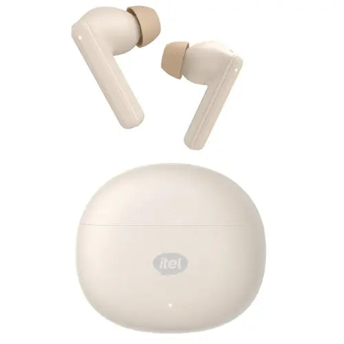 Beige Itel BudsAir Pro Wireless Earbuds with charging case on a white background