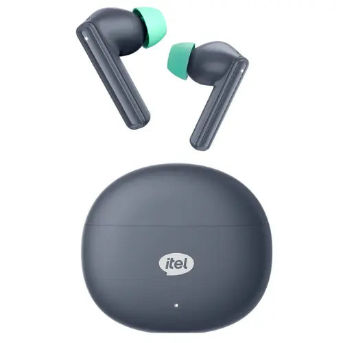 Pair of Itel BudsAir Pro Wireless Earbuds with a charging case on a white background, featuring the itel brand.