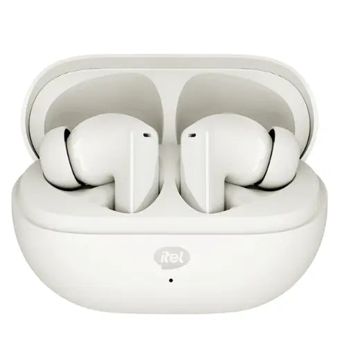 White Itel BudsNeo 3 Wireless Earbuds in a charging case with 'itel' branding on a white background