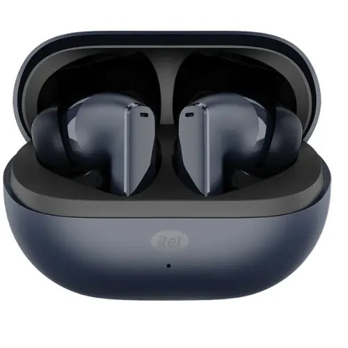 Itel BudsNeo 3 Wireless Earbuds in a blue charging case on a white background
