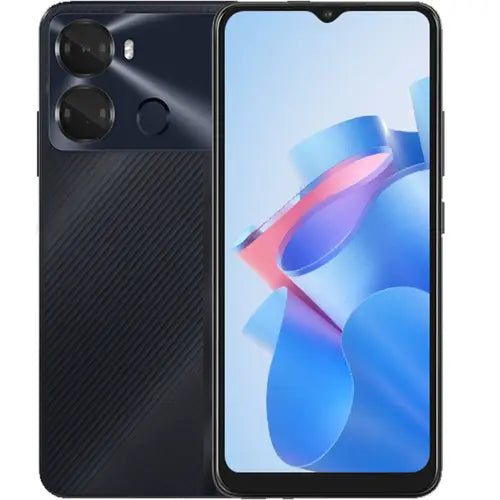 An Itel P40 4G mobile phone in black color with a clear display and dual camera system on the back.