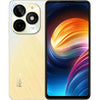 Itel P55 smartphone of golden color with a dual camera on the back and a large display, featuring a gradient of blue to orange color on the screen.
