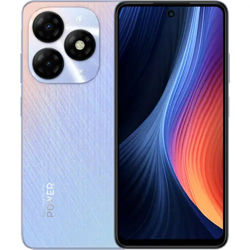 Itel P55 smartphone with a dual camera on the back and a large display, featuring a gradient of blue to orange color on the screen.