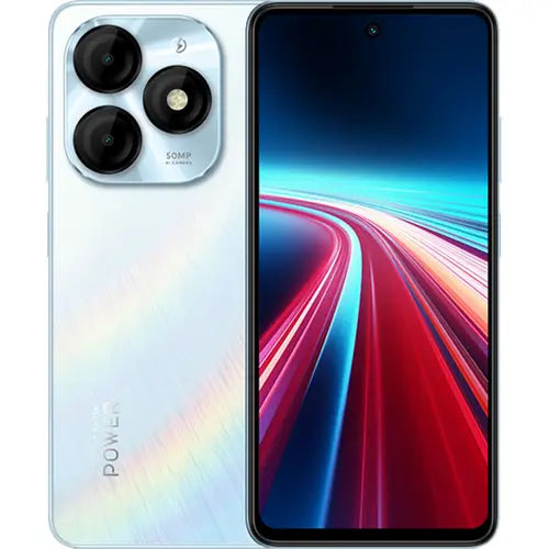 Itel P55 smartphone of blue color with a dual camera on the back and a large display, featuring a gradient of blue to orange color on the screen.