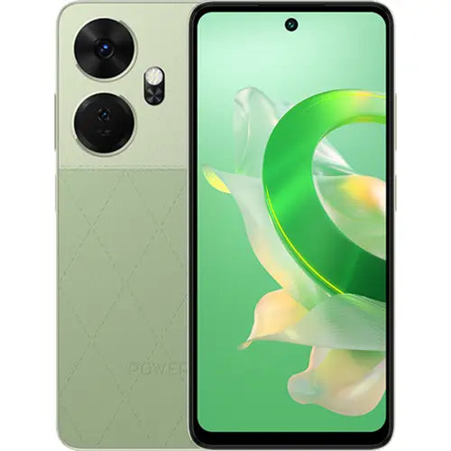 A green Itel P55 Plus smartphone with a dual camera on the back and a display screen.