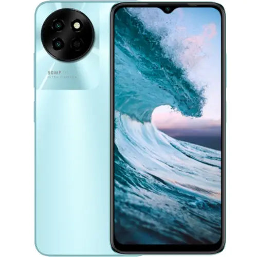 An Itel S23 4G mobile phone in sky blue color with a dual camera setup on the back and a large display.