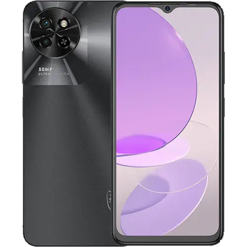 An Itel S23 4G mobile phone in starry black color with a dual camera setup on the back and a large display.