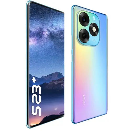 Itel S23 Plus in cyan lake Smartphone with colorful gradient design and scenic back.